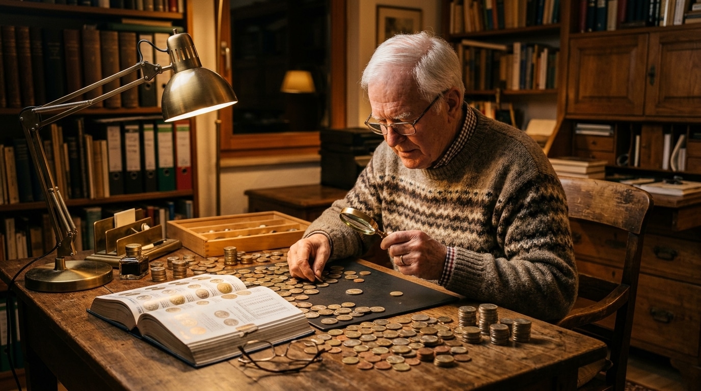 Collectionneur triant des pièces de monnaie anciennes