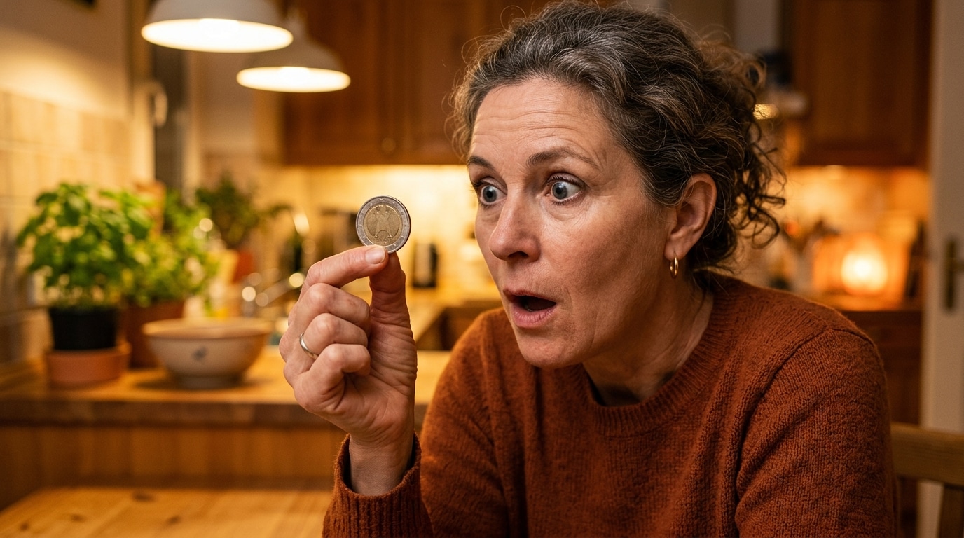 Femme examinant une pièce de 2 euros avec surprise