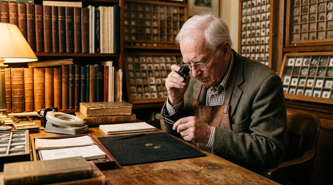 Expert numismate inspectant une pièce rare