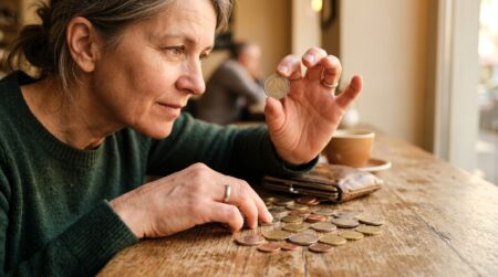 Personne examinant des pièces de 2 euros sur une table