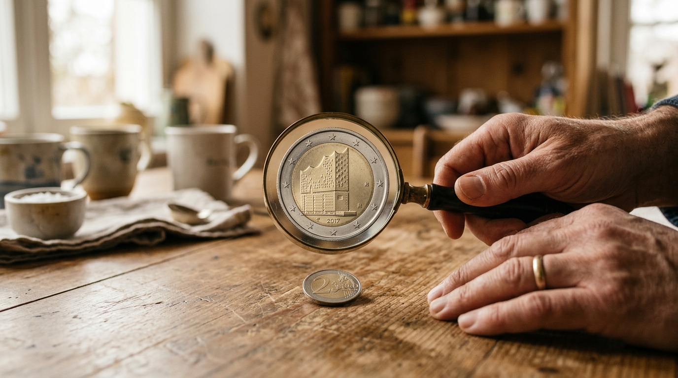 Loupe posée sur une pièce de 2 euros commémorative