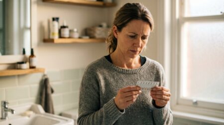 Femme inquiète tenant une plaquette de pilules contraceptives