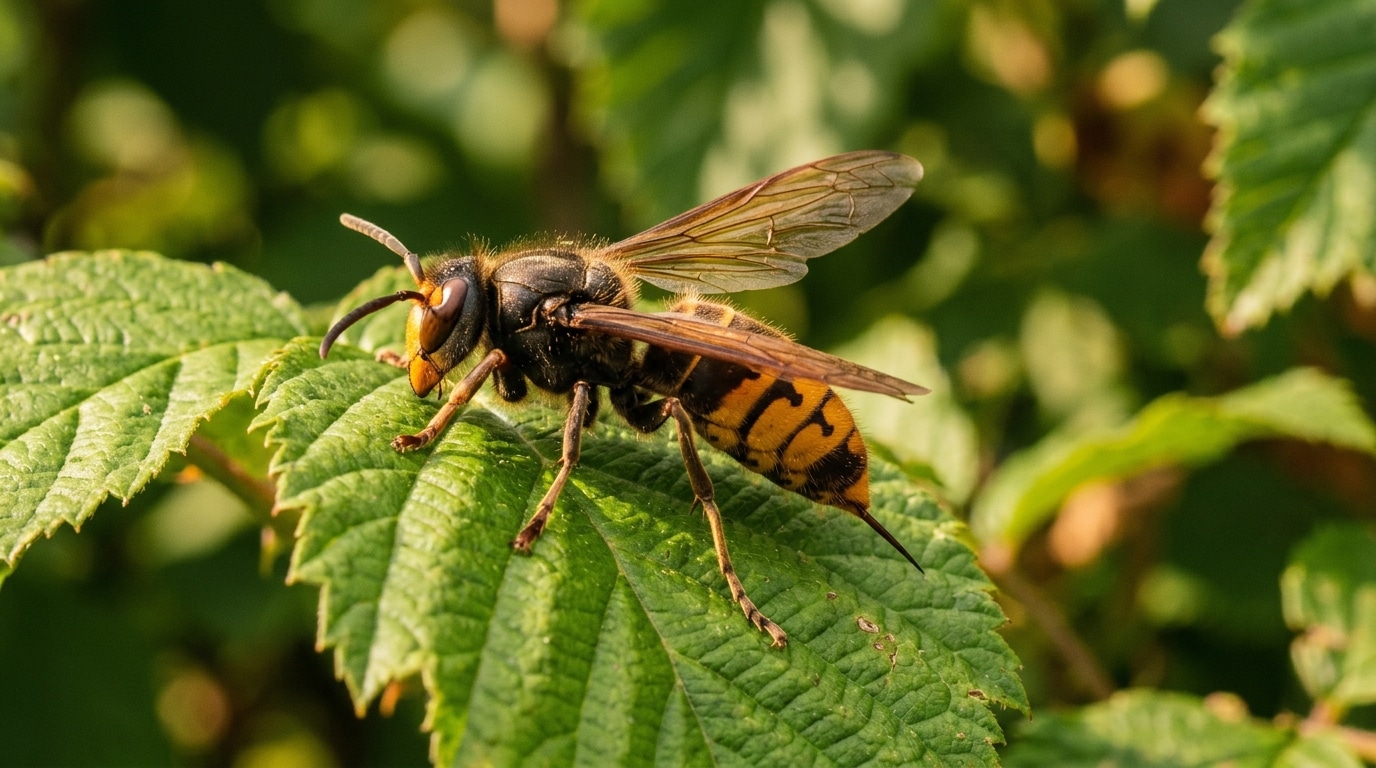 Gros plan sur un frelon posé sur une feuille