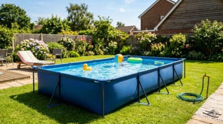 Piscine hors sol bleue installée sur pelouse ensoleillée