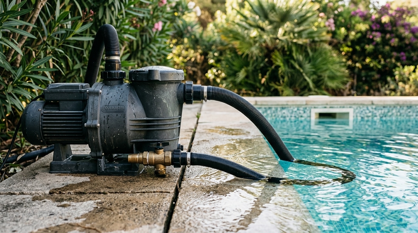 Système de filtration et valve de vidange au bord d'une piscine