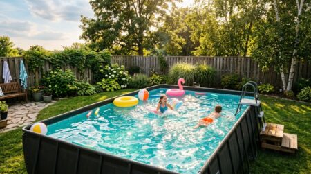 Piscine tubulaire rectangulaire scintillante sous le soleil d'été