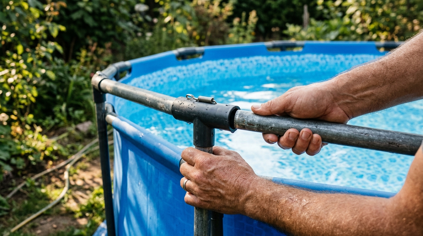 Mains assemblant les tubes métalliques d'une piscine familiale