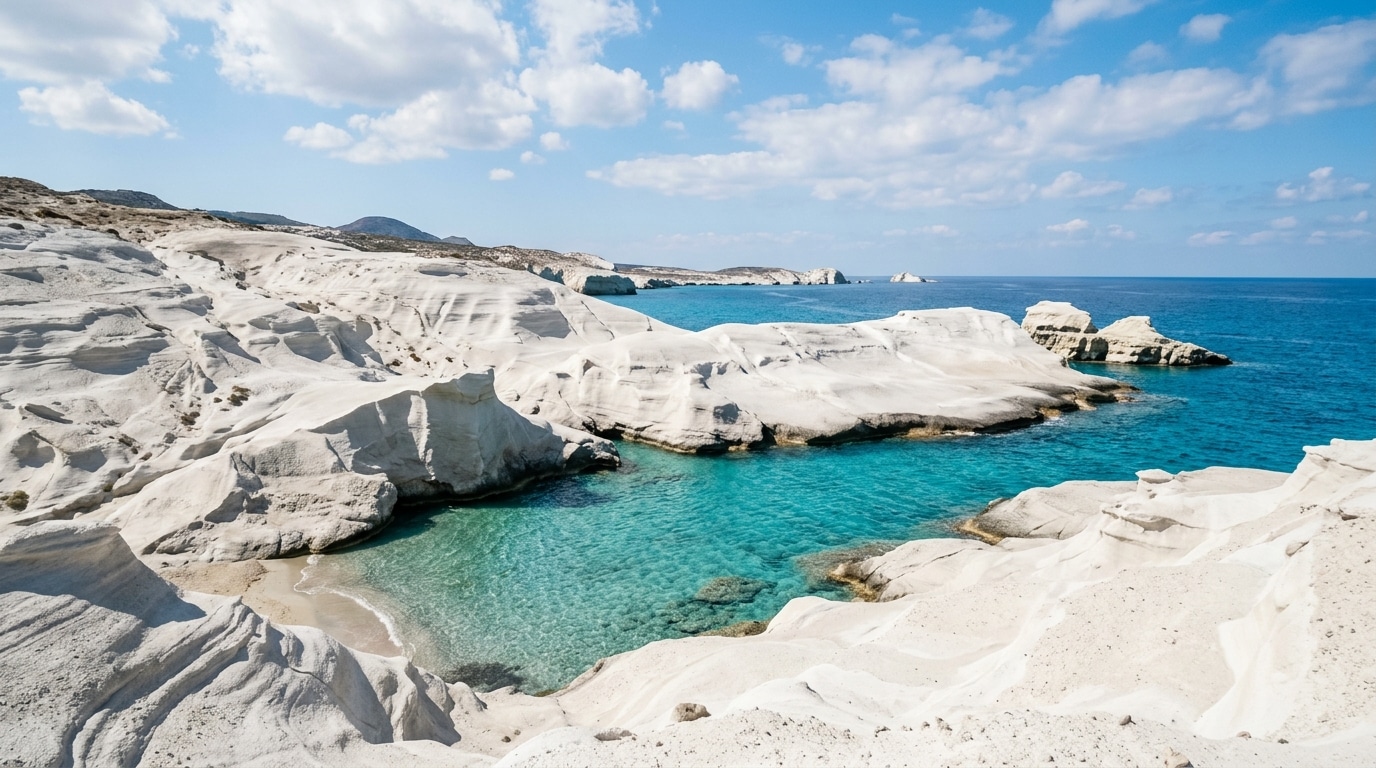 Rochers volcaniques blancs de Sarakiniko surplombant la mer turquoise