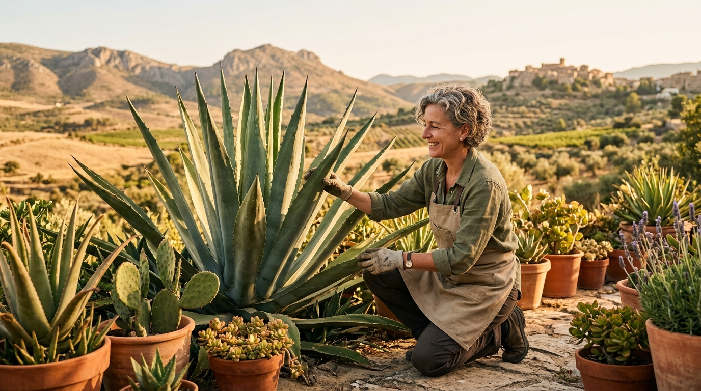 Femme souriante touchant les feuilles d'un agave au jardin