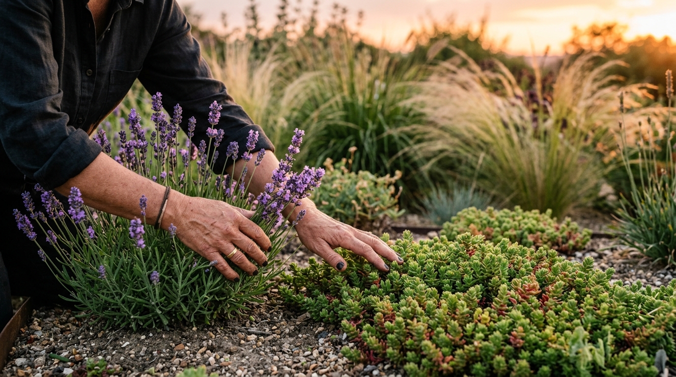 Mains caressant lavande et sedum dans un massif sec