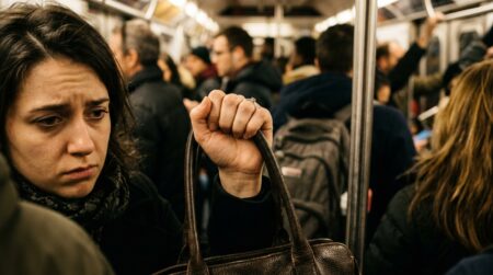 Femme tenant la poignée de son sac à main dans le métro