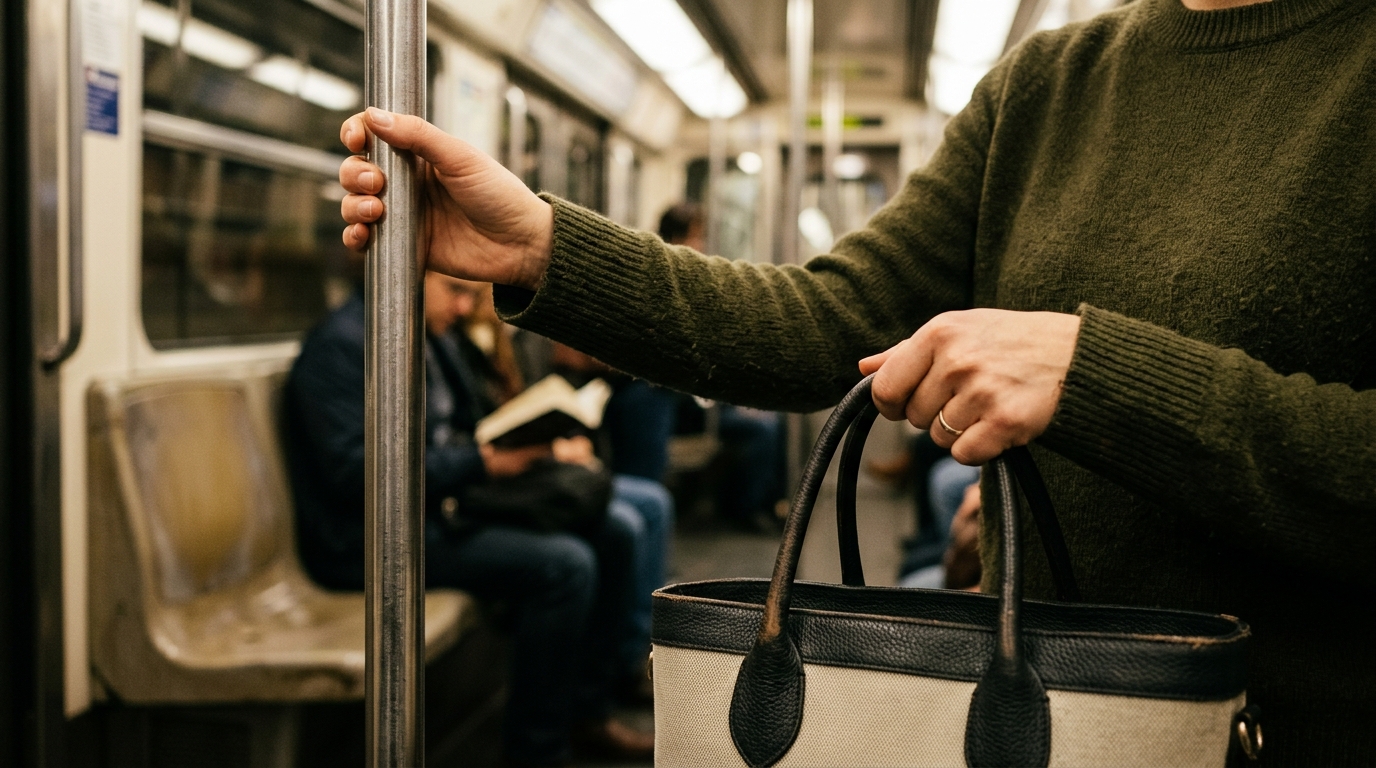 Main touchant une barre de métro puis la poignée du sac