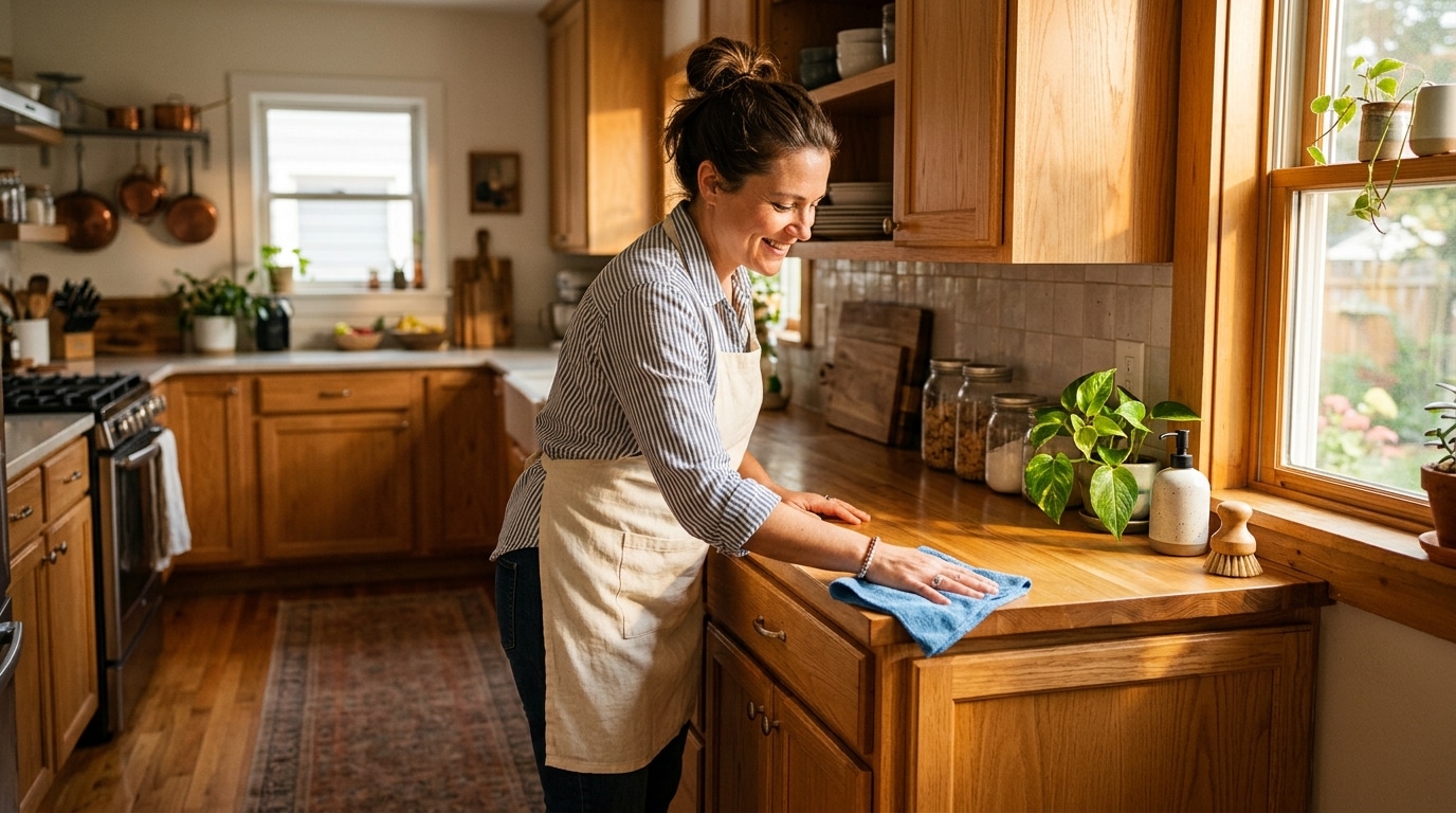 Femme nettoyant sa cuisine avant traitement anti-nuisibles