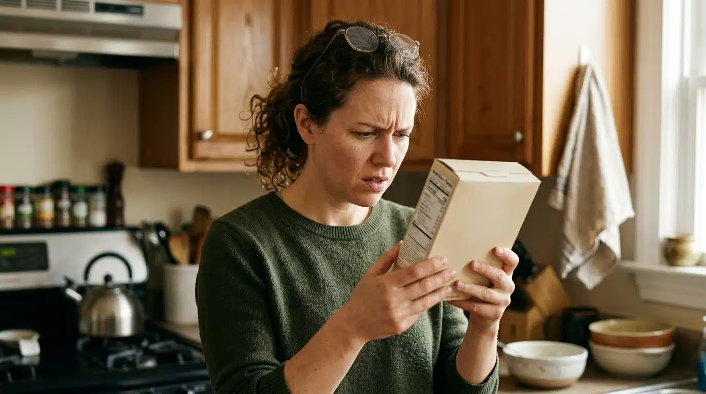 Personne examinant l'étiquette d'un emballage alimentaire