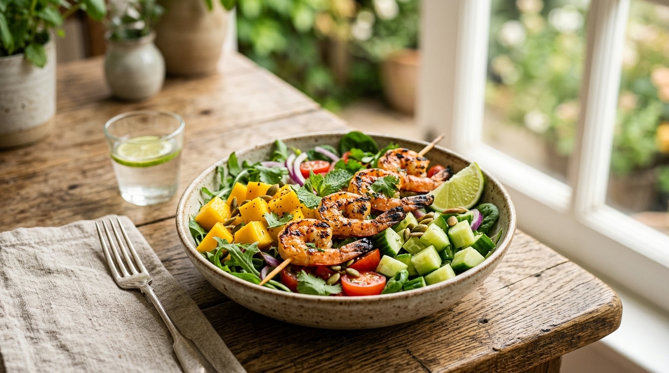 Salade fraîche de mangue, concombre et gambas