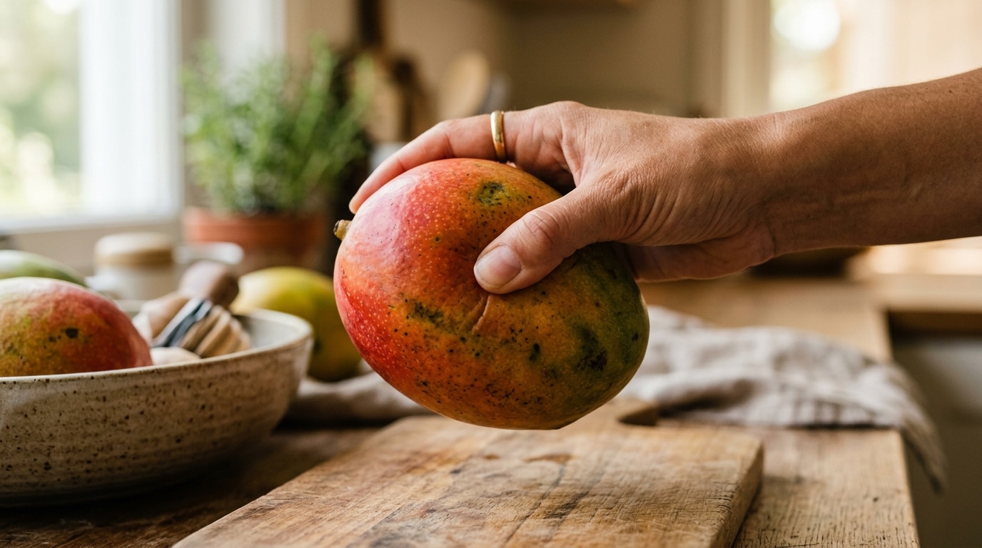 Main testant la maturité d'une mangue colorée