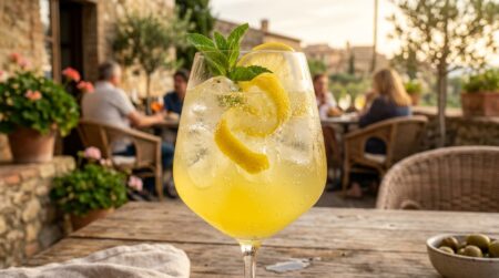 Verre de spritz au limoncello glacé avec zeste de citron