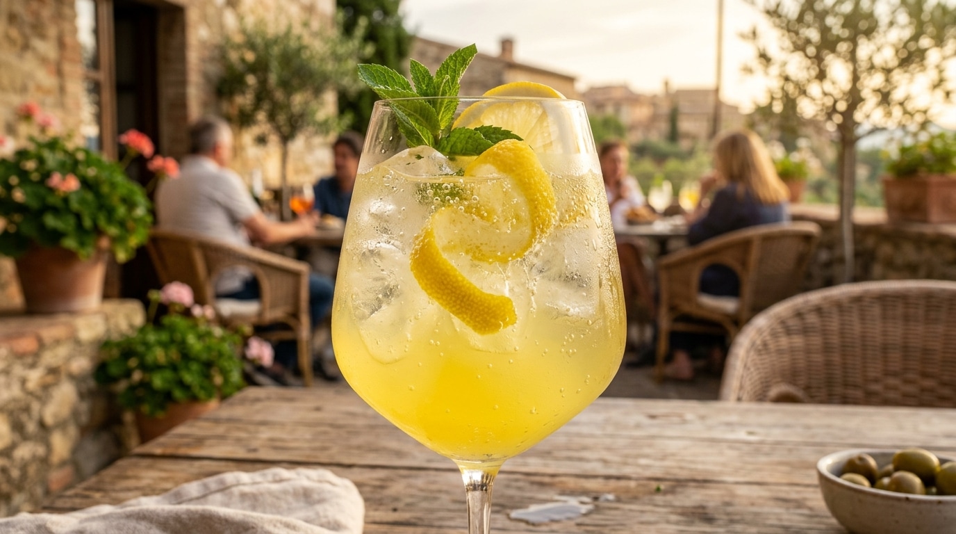 Verre de spritz au limoncello glacé avec zeste de citron