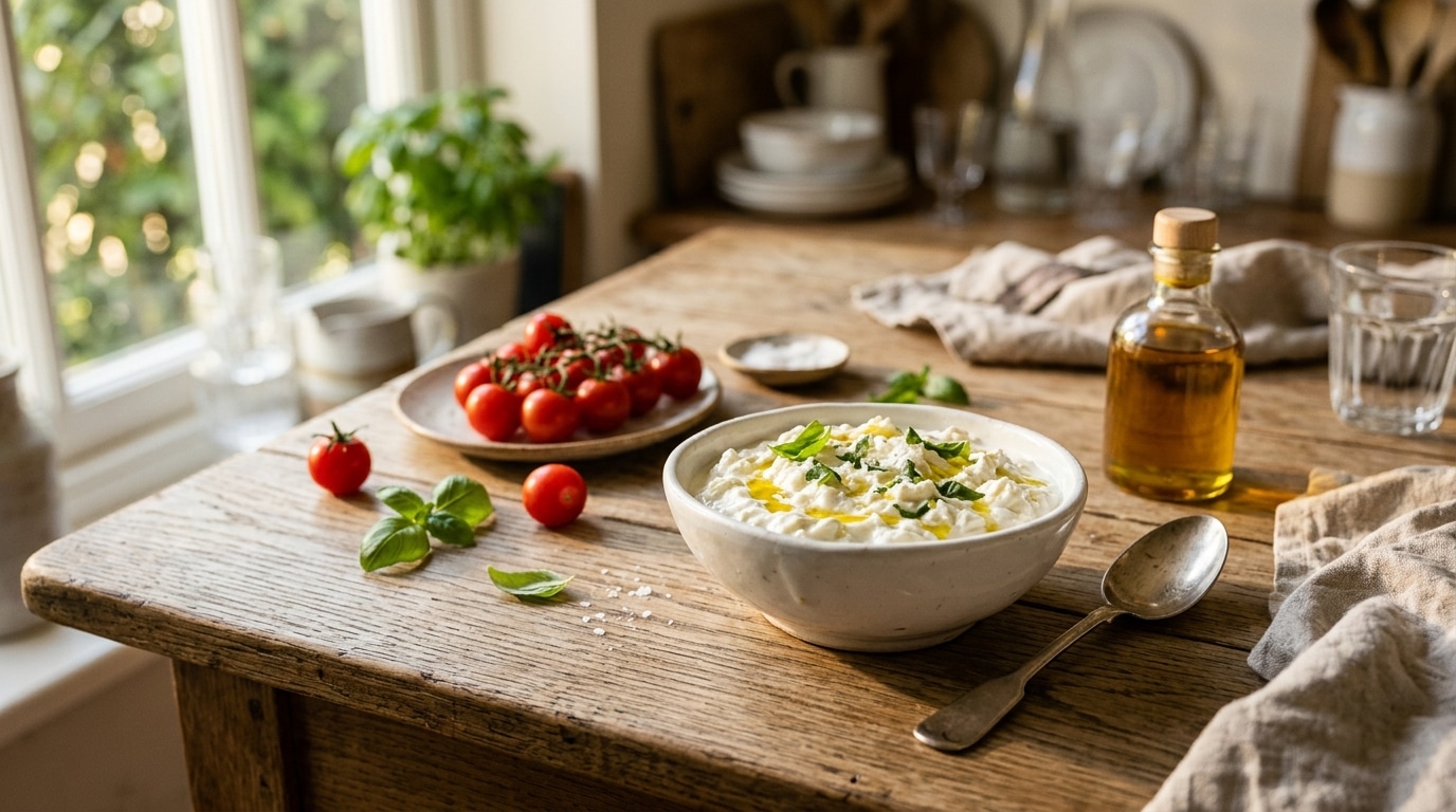 Bol de mozzarella effilochée mélangée à la crème