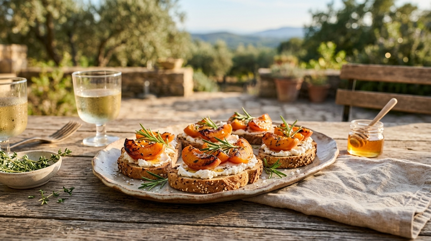 Toasts de chèvre chaud garnis d'abricots rôtis au miel