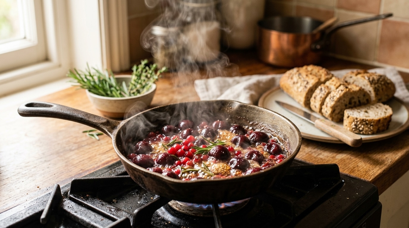 Poêlée de cerises et groseilles au miel et romarin
