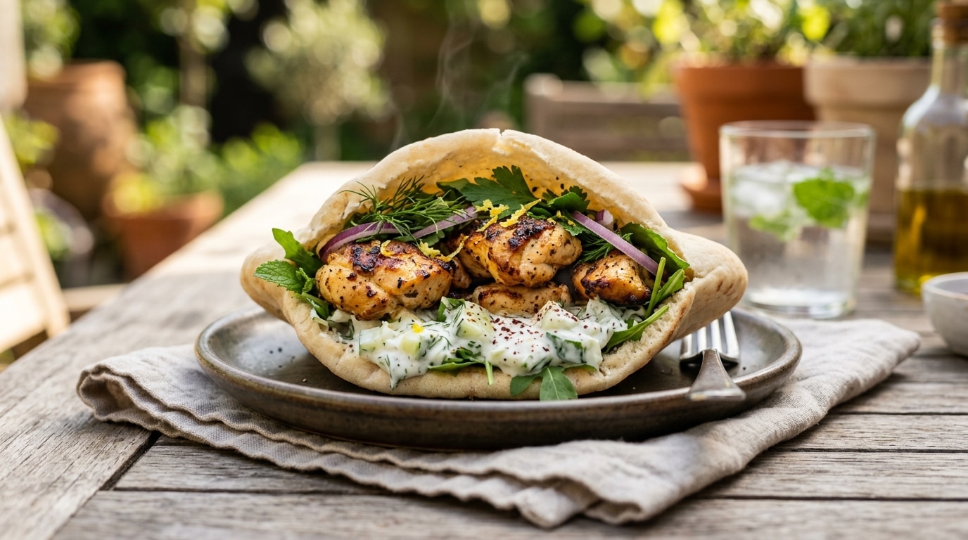 Mini pitas garnis de poulet doré et sauce fraîche