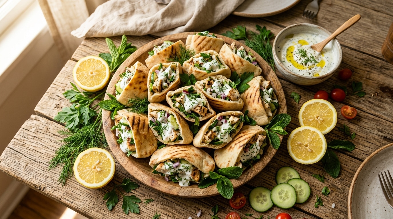 Plateau de pitas au poulet citronné avec herbes et citron
