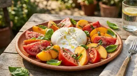Salade tomates pêches burrata fraîche et colorée