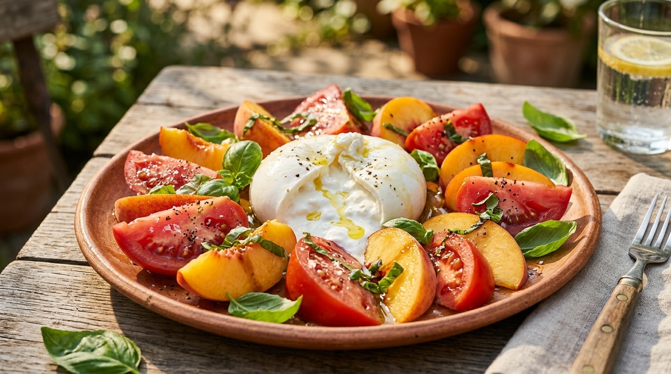 Salade tomates pêches burrata fraîche et colorée