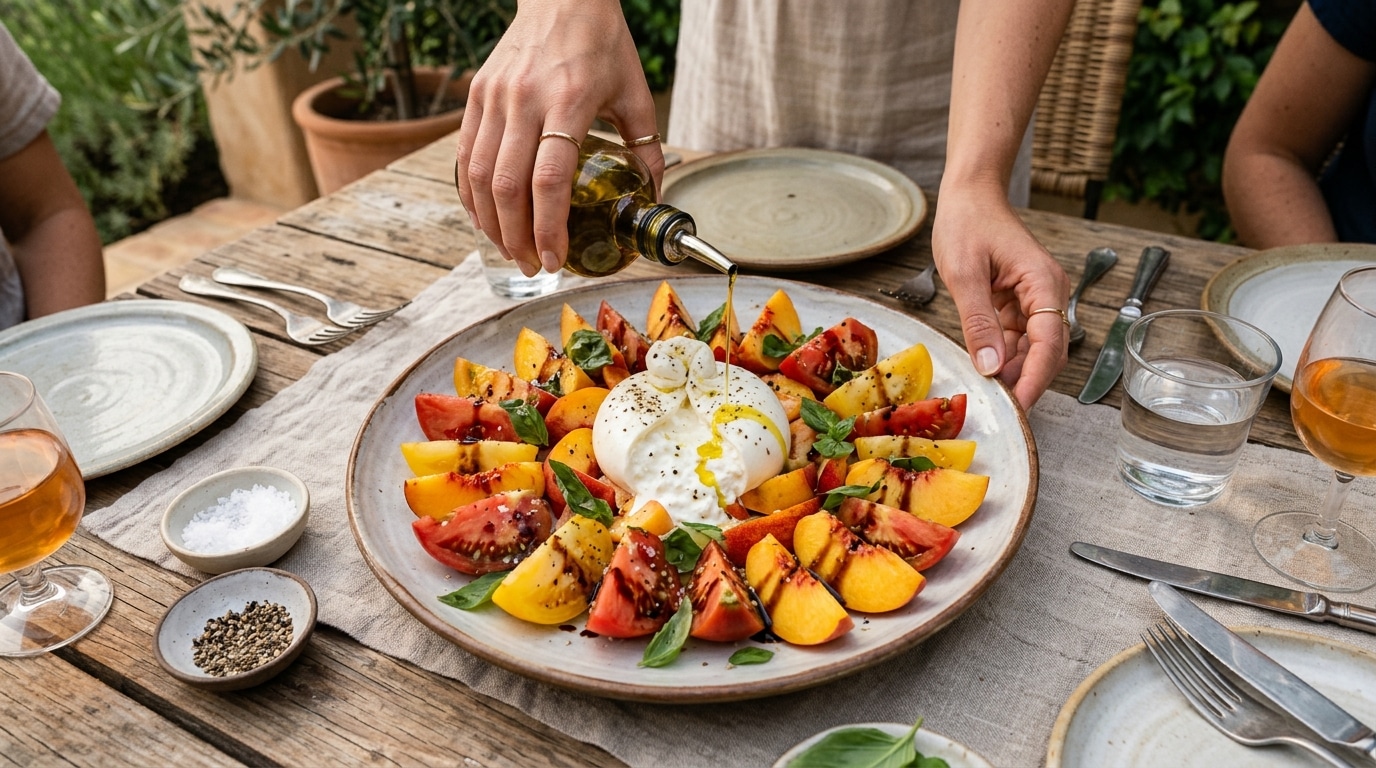 Dressage d'une salade tomates pêches burrata façon tablée italienne