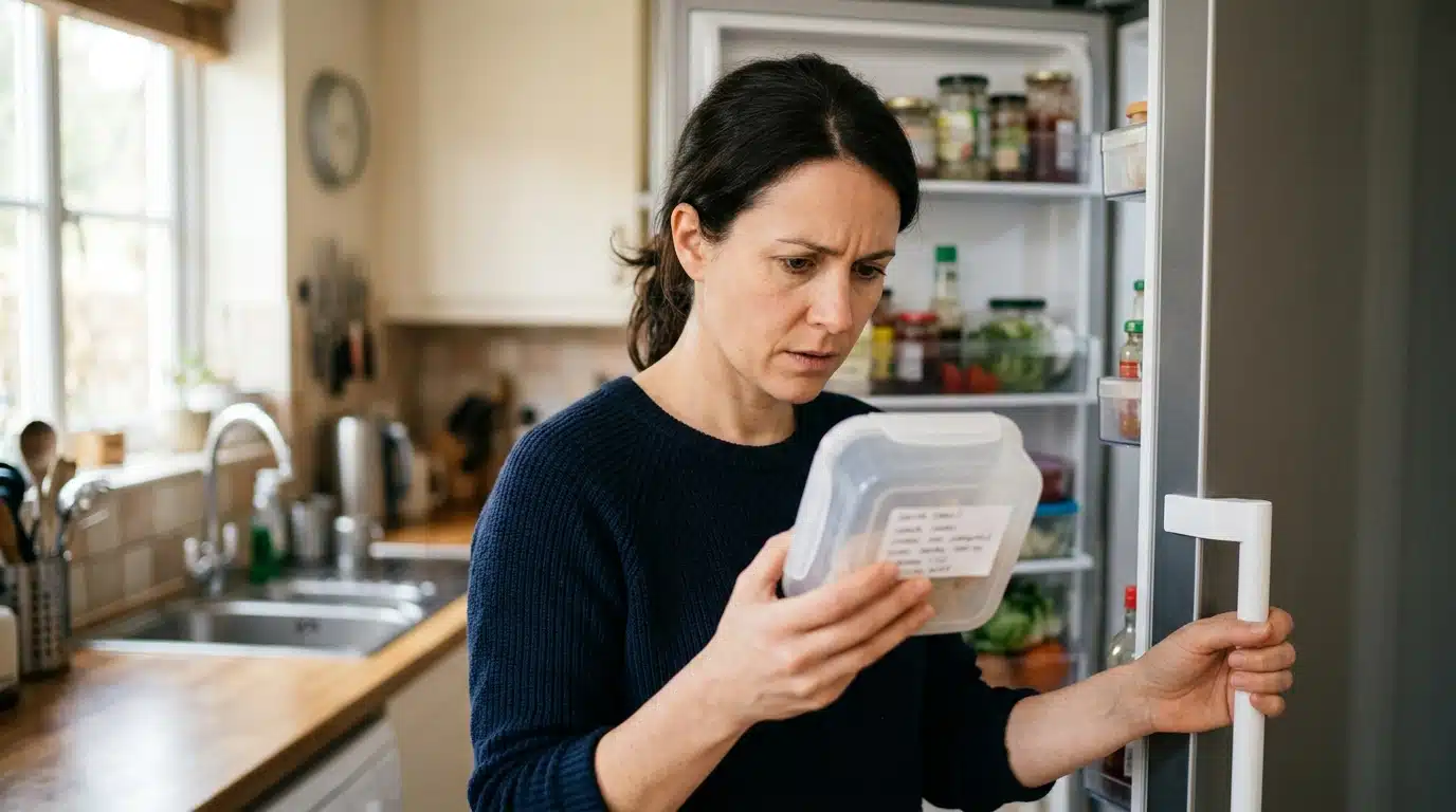 Femme inquiète vérifiant un produit dans son frigo