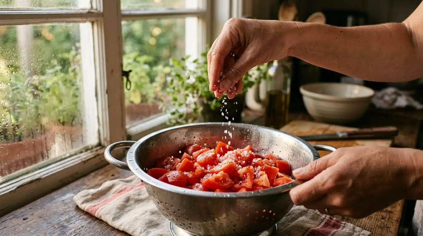 Mains salant des tomates coupées avant préparation