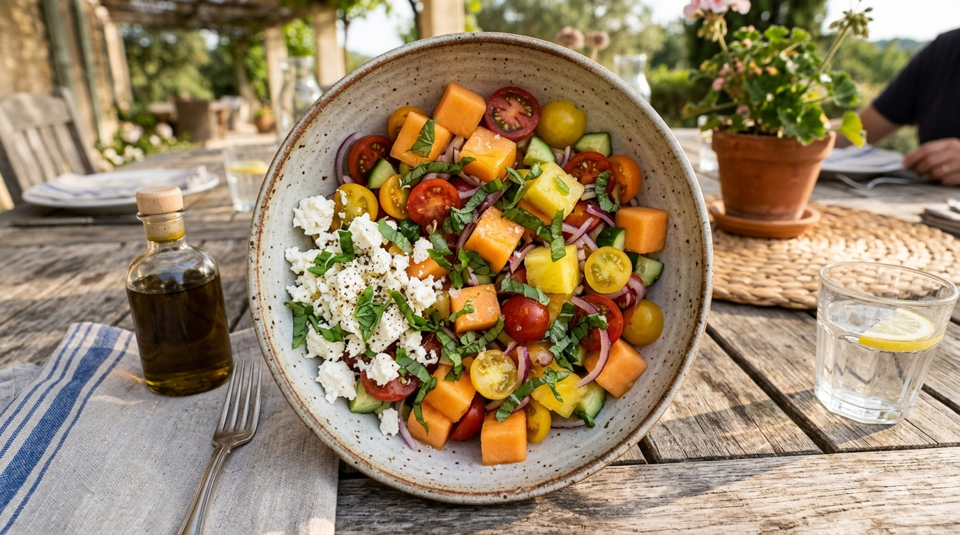 Salade melon-tomate-basilic dressée dans un bol