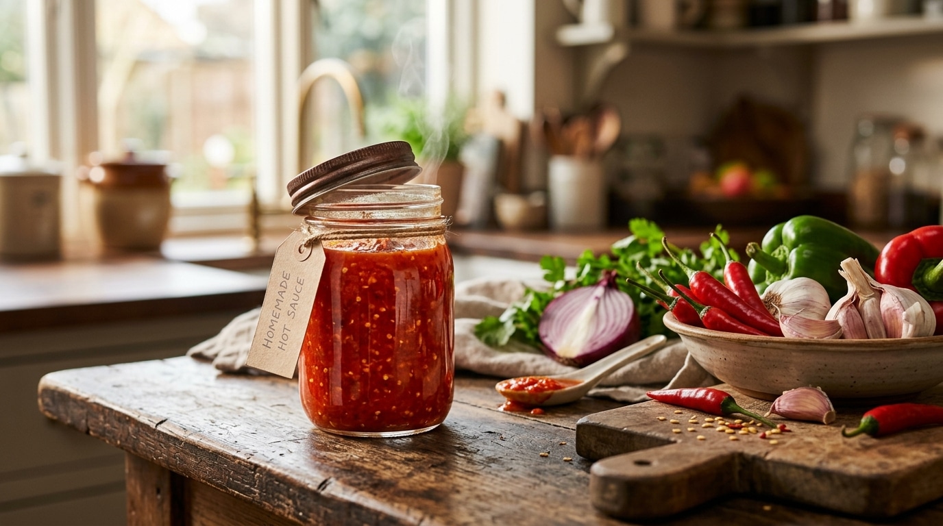 Bocal en verre rempli de sauce piquante maison artisanale