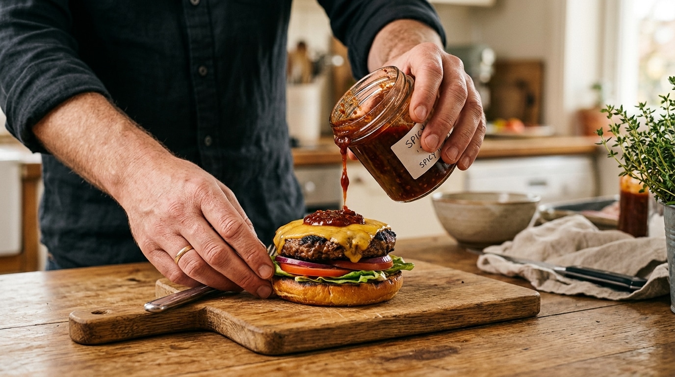 Main versant de la sauce piquante sur un burger grillé