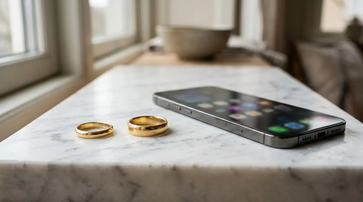 Alliances de mariage séparées près d'un smartphone sur marbre blanc