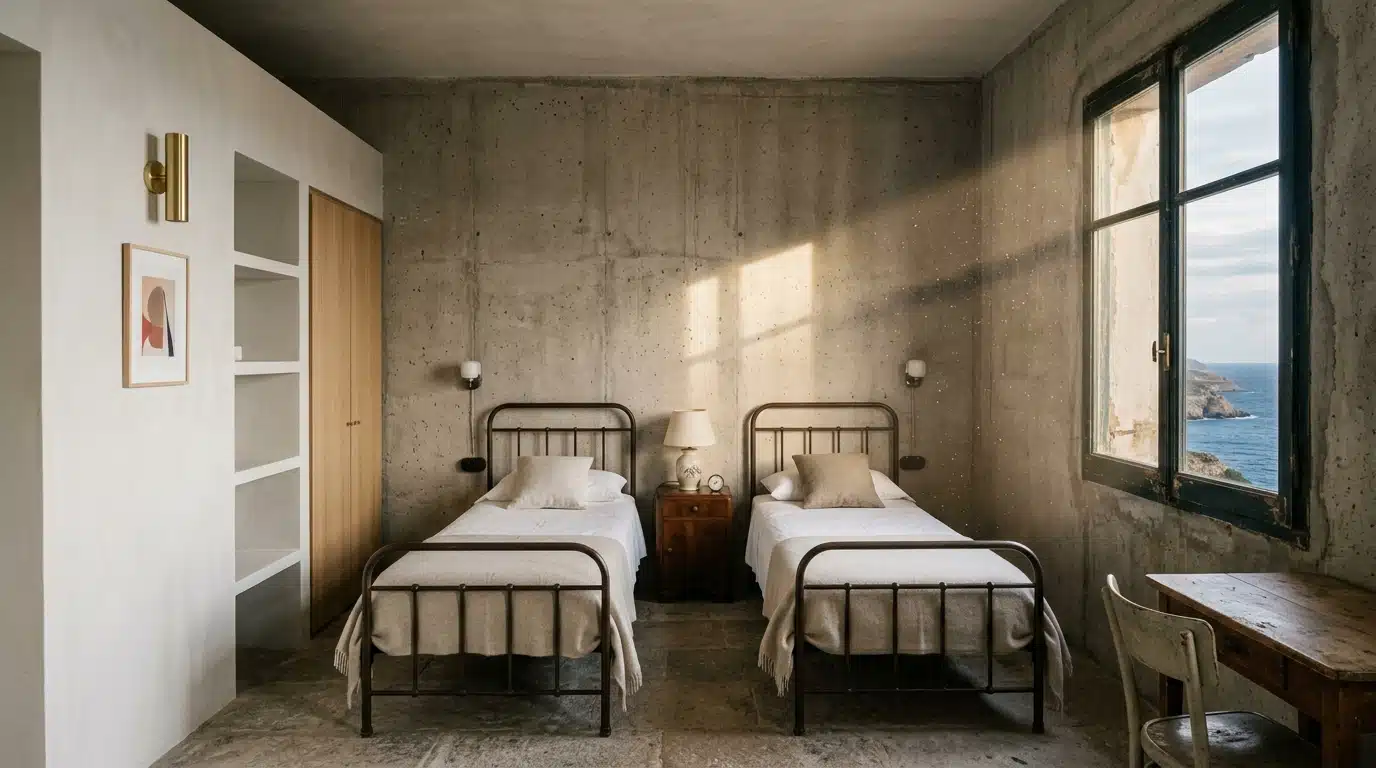 Chambre exiguë et vide dans l'aile inachevée de Prora