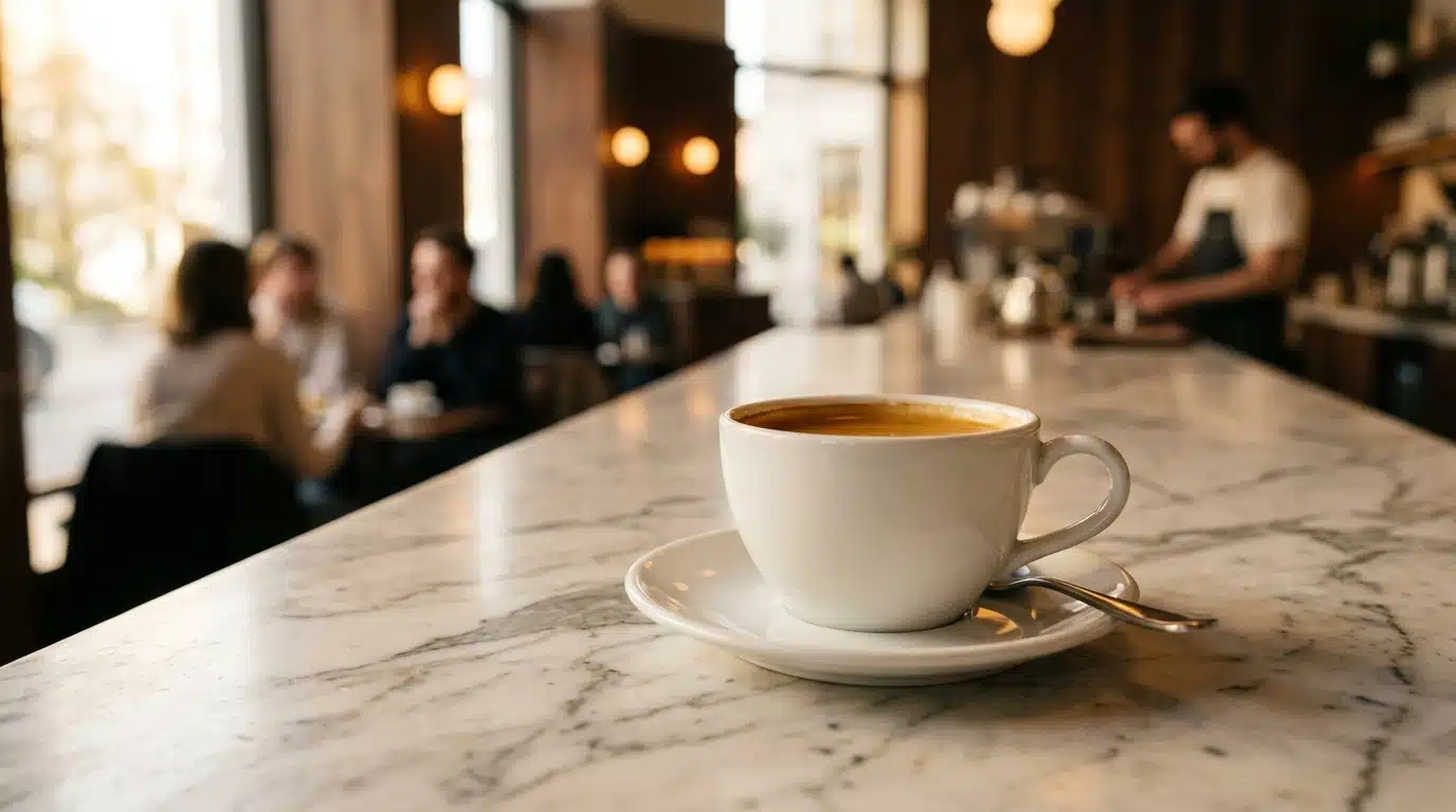 Tasse de café de luxe sur comptoir en marbre