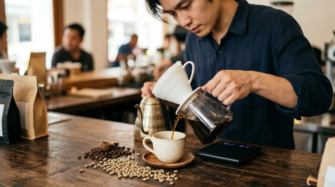 Mains versant un café de spécialité avec des grains verts