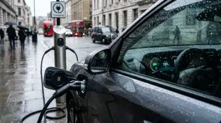 Câble de recharge branché sur une voiture électrique sous la pluie