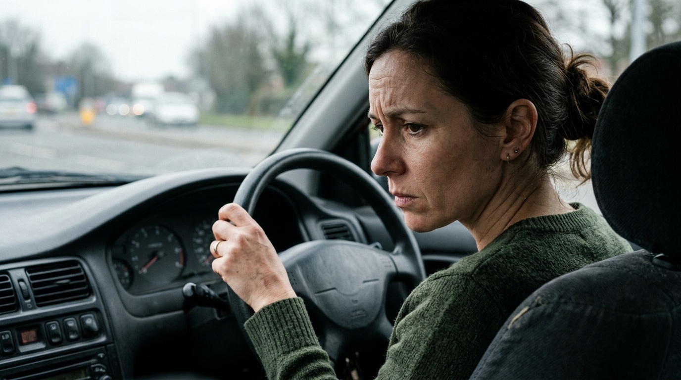 Conducteur soucieux regardant le tableau de bord de sa voiture