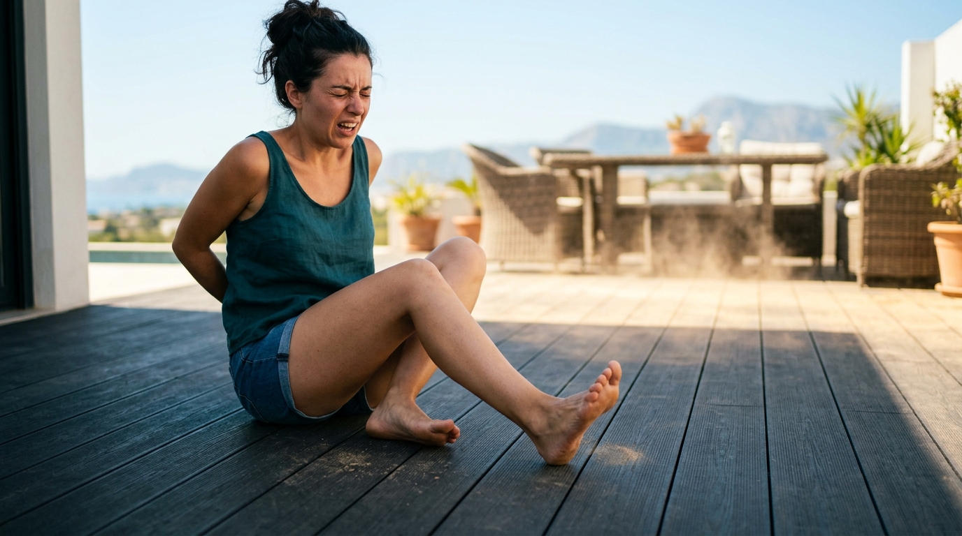 Pieds nus douloureux sur terrasse composite sombre brûlante