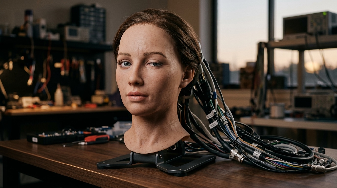 Tête de robot en silicone aux yeux mi-clos sur socle