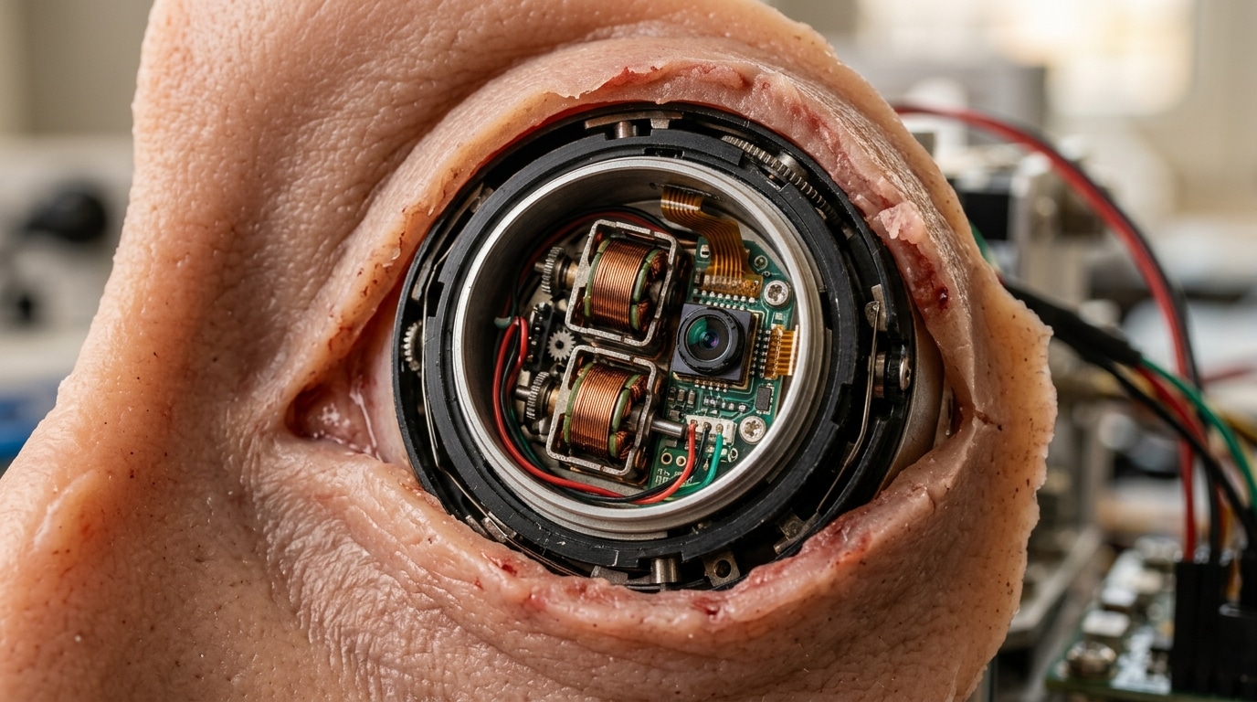 Gros plan sur un œil mécanique et ses micromoteurs