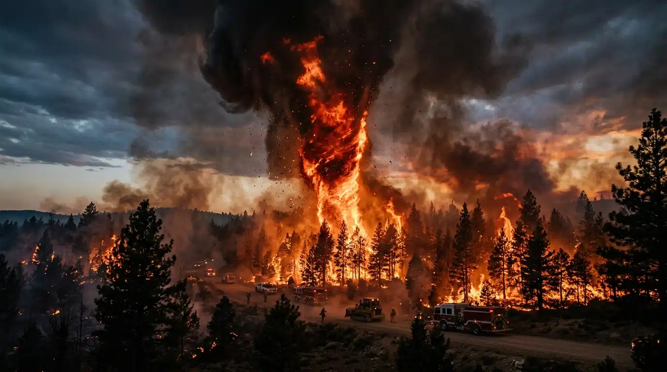Tornade de flammes et fumée au-dessus d'une forêt en feu
