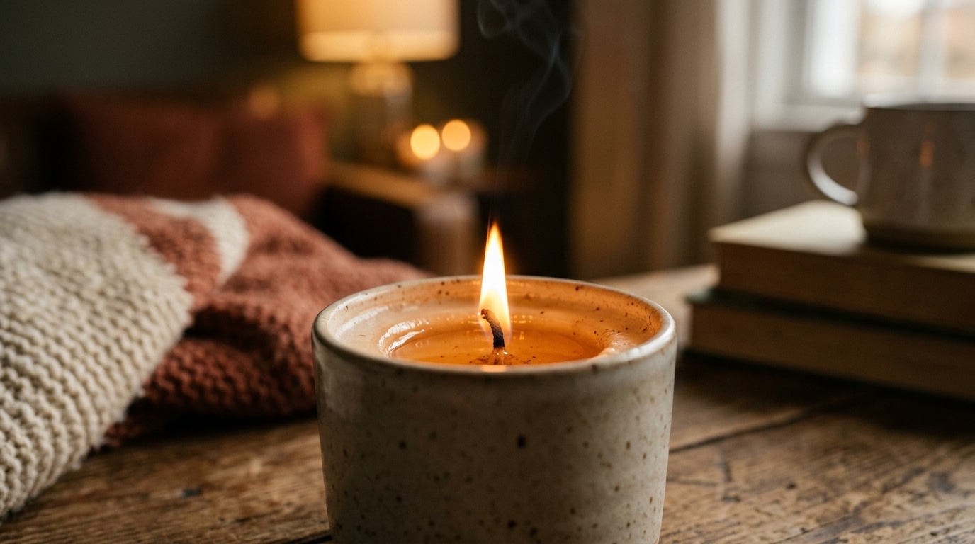 Flamme de bougie parfumée avec mèche trop longue fumante