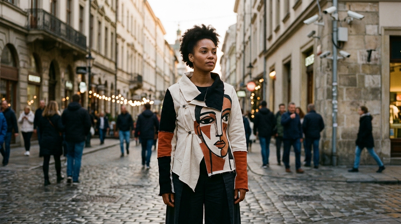 Veste au motif de visage abstrait dans une rue urbaine