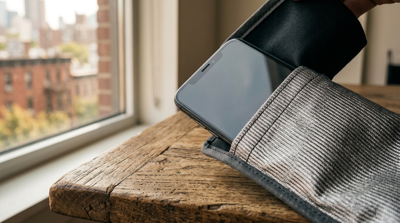 Smartphone glissé dans une pochette anti-traçage