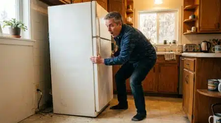 Homme qui tire son frigo du mur pour vérifier