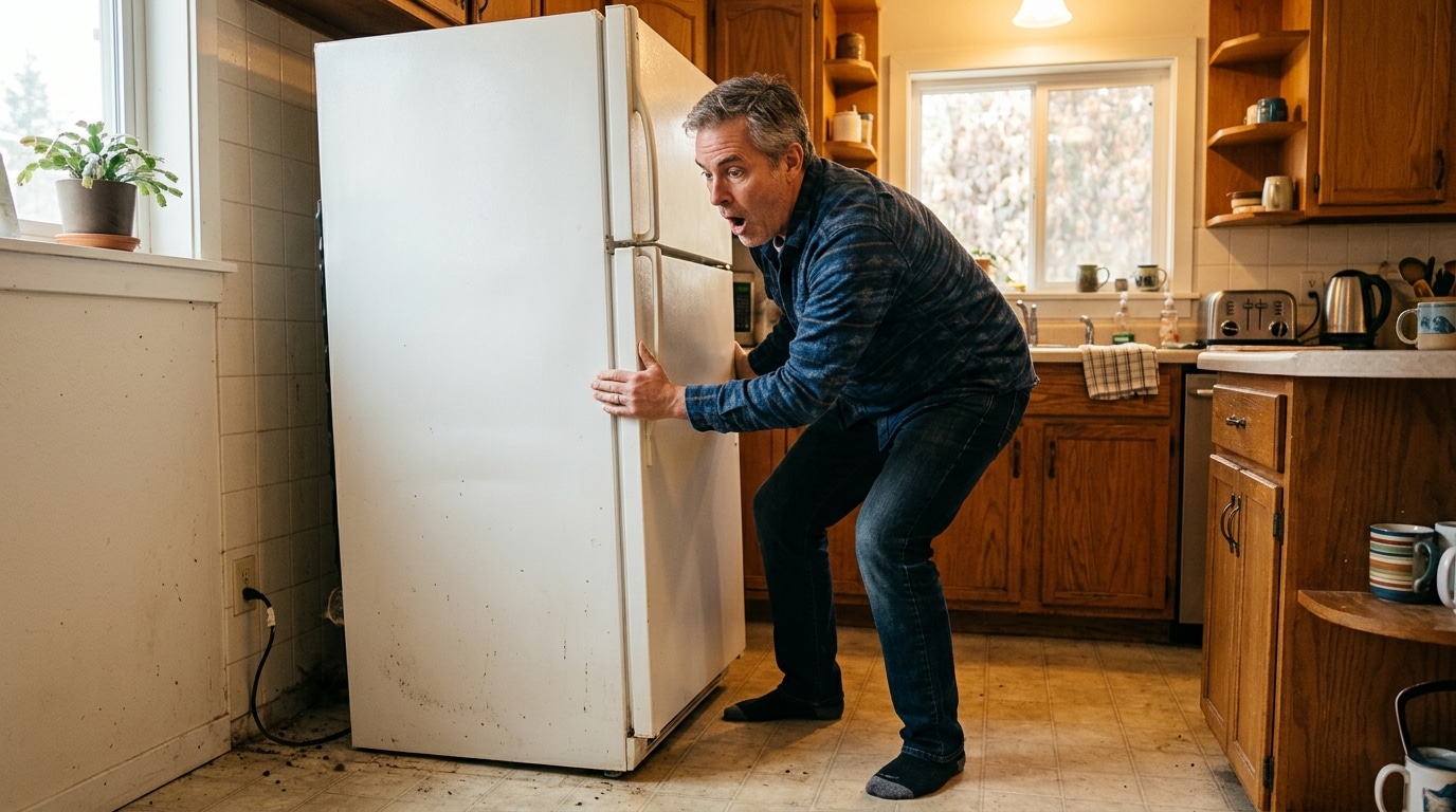 Homme qui tire son frigo du mur pour vérifier